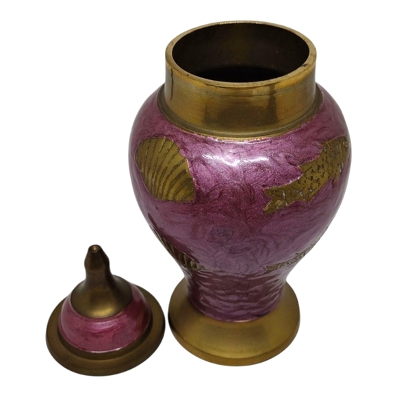 Vintage Brass and Purple Enameled Ginger Jar Urn with Fish and Shell Print - Picture 5 of 10